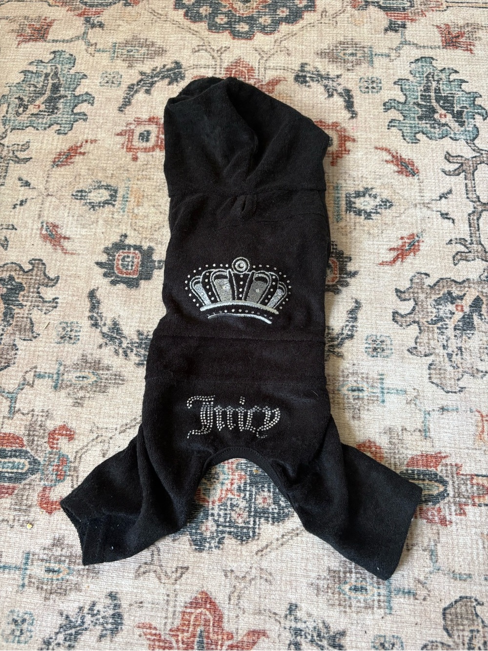 Juicy Couture Small Dog Black Velour Tracksuit Rhinestone Crown Y2K Pet